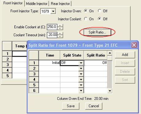 Type in a temperature ramp program to heat and/or cool the 1079 injector. 3. The first row contains the initial temperature and hold time for the 1079 injector.