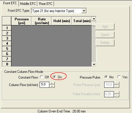 Selecting Constant Column Flow mode disables the spreadsheet and enables the Constant Flow rate field.