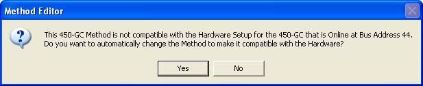 Auto-Configuring the Method When you edit a 450-GC Method while the corresponding GC is online in System Control, you are warned if the Method configuration does not match the hardware on the GC.