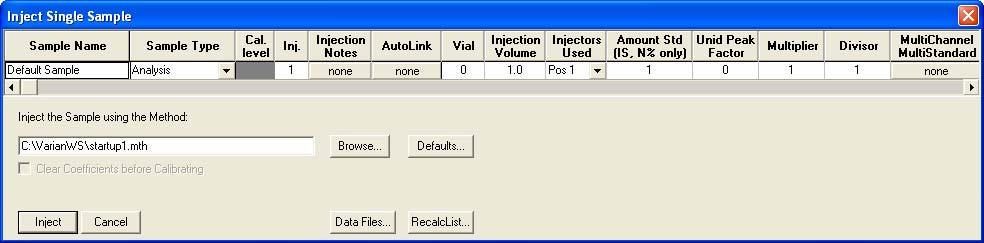 Acquiring GC/MS Data Injecting a Single Sample Using the Inject Single Sample Dialog Box To inject a single sample from System Control using the Inject Single Sample dialog box do the following 1.