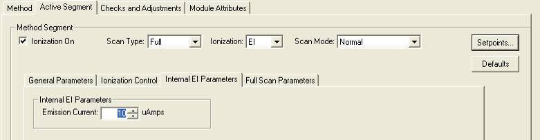 Full Scan EI Internal EI Parameters: Use Internal EI Parameters to set the filament emission current.