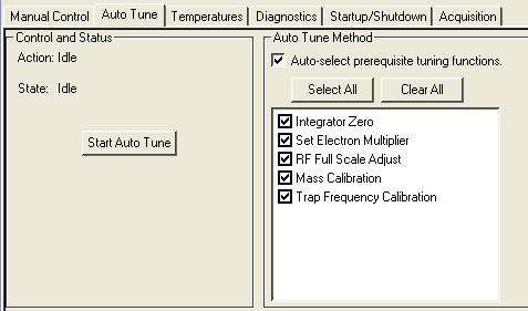 Auto Tune Methods Each auto tune method automatically performs a required function for tuning the MS. Each instrument configuration has different checks.