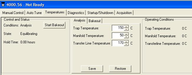 Temperature(s) Set the temperature zones of the mass spectrometer in the temperatures tab for both normal operation and Bakeout, and to initiate and terminate Bakeout.