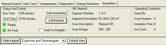 Acquisition Selecting the Acquisition button activates the 240-MS module for analysis.