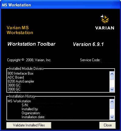 About Workstation About has information about the software version, installation information, and a list of the instrument modules installed. The following is an example.