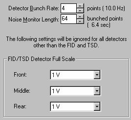450-GC Data Acquisition Item Detector Bunch Rate Noise Monitor Length FID/TSD Detector Full Scale (Font, Middle, Rear) Description Powers of 2 from 1 to 128 points Setting the detector bunch rate in