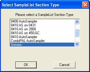 Select SampleList Section Type Dialog Box A SampleList File may contain multiple SampleList Sections.