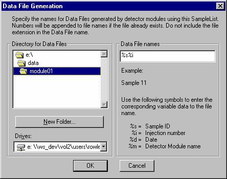 Data File Generation Dialog Box Item Directory for Data Files New Folder Drives Data File Names OK Cancel Description Show the currently selected directory in which to generate Data Files.