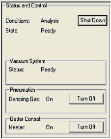 Status and Control Conditions are either Start Up, Analysis or Shut Down. State is Ready, Shutting Down, or Starting Up. Vacuum System The vacuum system is either Not Ready or Ready.