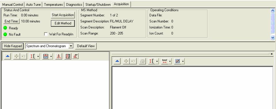 Acquisition Tab About Running Analyses Click the Acquisition tab. If you start an analysis while the instrument is in another mode, the software automatically shifts the MS into Acquisition mode.