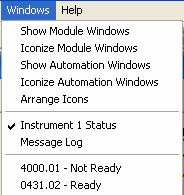 If the Status and Control Windows for the modules configured in the instrument are not currently displayed, select Show Module Windows from the Windows menu and select a