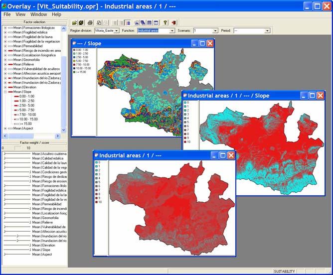 suitability map (D) for the chosen land use function by weighing the relative importance of the maps. Weighing of the maps can be done interactively by using the sliders (E).