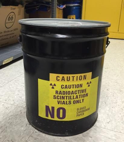 Radioactive Solid Items: Items such as gloves, empty tubes, benchpaper, pipette tips, etc. are placed into a metal or plastic pail provided by EHS.