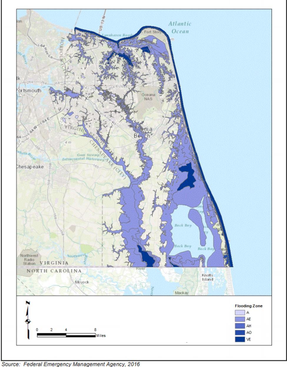 Figure 1, City of Virginia Beach 100-Year Floodplain While one could theoretically observe which roads fall within the 100-year flood plain, this analysis fails to factor vertical heterogeneity- that