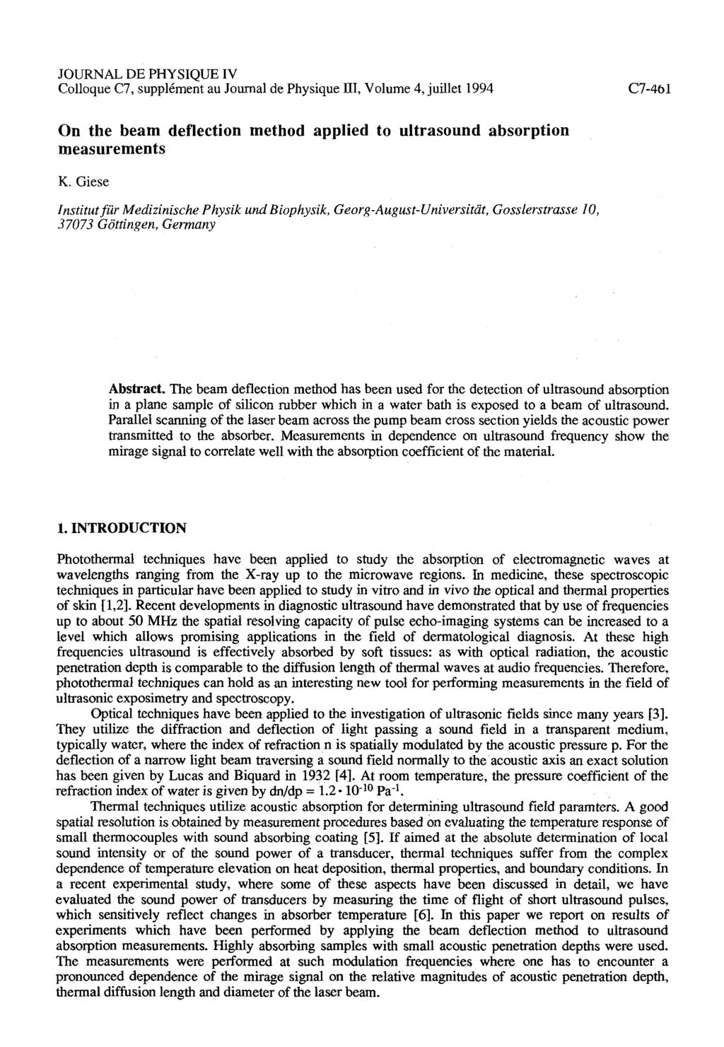 JOURNAL DE PHYSIQUE IV Colloque C7, supplement au Journal de Physique 111, Volume 4, juillet 1994 On the beam deflection method applied to ultrasound absorption measurements K.