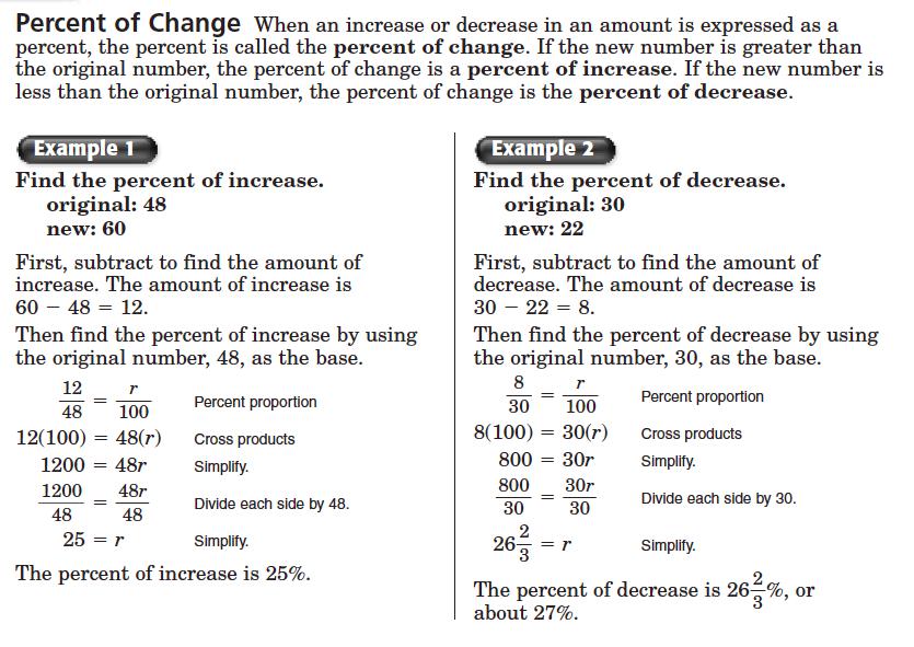 XI. Percent of Change Practice: State whether each percent of change is a percent of increase or percent of decrease.