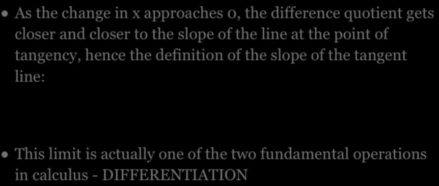 DEFINITION OF TANGENT LINE WITH SLOPE M As the change in x approaches 0, the difference quotient gets closer and closer to the slope of the line at the point