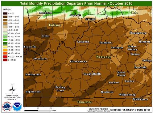 83 inches, 2.30 inches below normal; Frankfort 0.65 inches, 2.59 inches below normal; Bowling Green 0.56 inches, 2.82 inches below normal. October 2016 Oct.