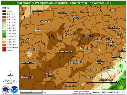 Specific rainfall amounts for area airports are: Louisville 1.65 inches, 1.94 inches below normal; Lexington 1.34 inches, 2.19 inches below normal; Frankfort 1.49 inches, 2.