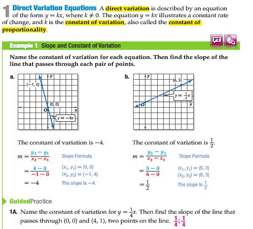 Direct Variation ~ Section 3.4 A. Slope and Constant of Variation 3 1. Name the constant of variation for y = x. 4 2. Name the constant of variation for y = -x. B.