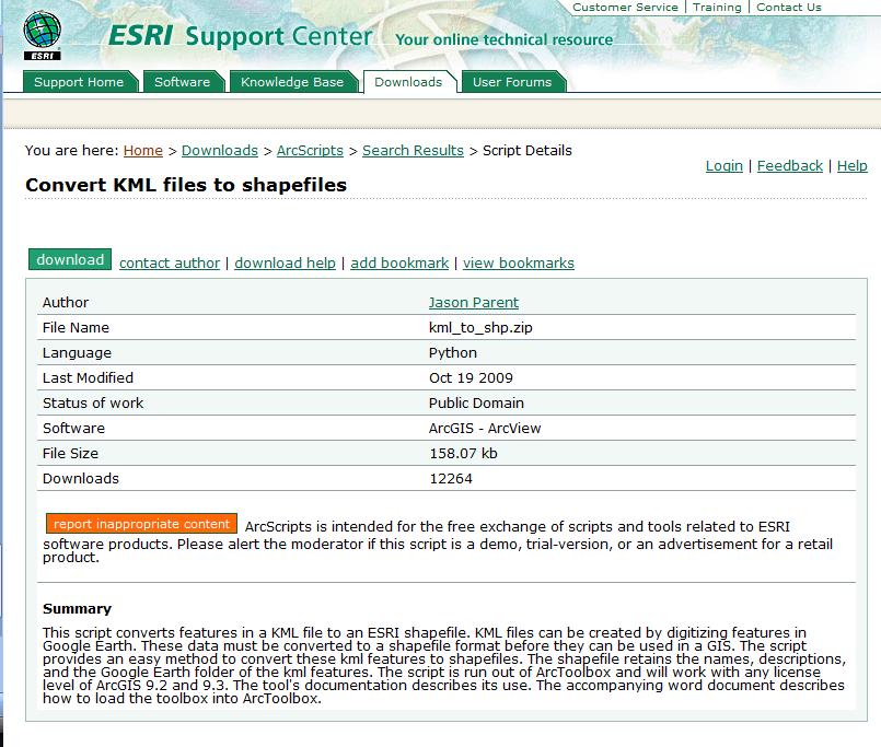 Figure 5: Screenshot of ESRI Support Center website where script was found.