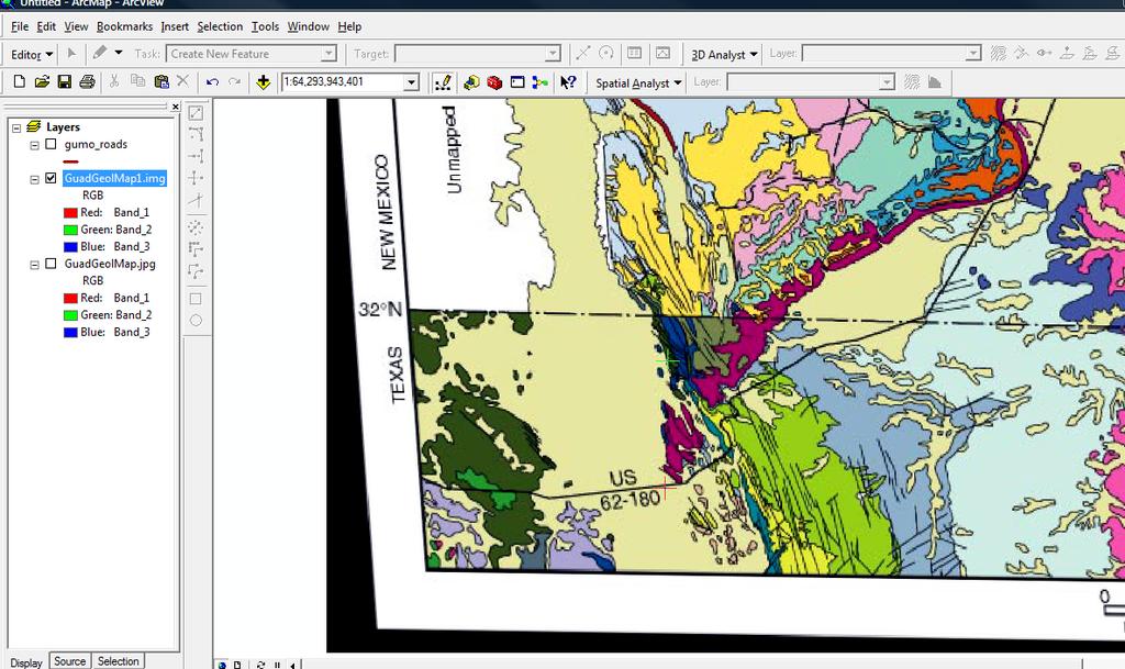 Figure 9: Rectified geologic map, as indicated in figure. The next step was to create a personal geodatabase in ArcCatalog. I created a geodatabase named McKittrick Canyon.