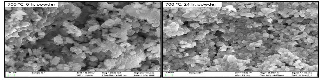 4. Influence of Annealing Time on the Particle Morphology 4.1 P3-type Material Figure SI-2. Scanning Electron Microscopy images of P3-type NaxNi0.22Co0.11Mn0.66O2 annealed at 700 C for 6h or 24h.