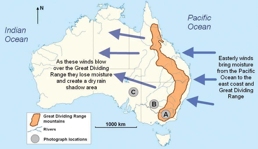 Figure 3a Rainfall distribution in Australia Figure 3b The Great Dividing Range