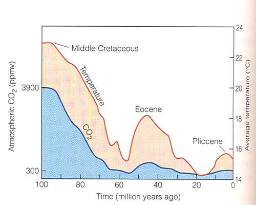 Middle Cretaceous and early Tertiary temperatures A reconstruction of changing atmospheric CO 2 levels (blue) and resulting global temps (pink) over the past 100 my, based