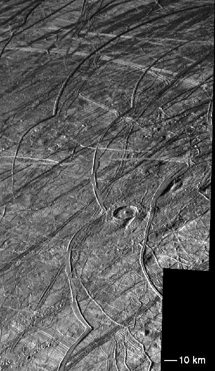 Europa Icy surface covered in dark cracks (lineae) Few impact craters