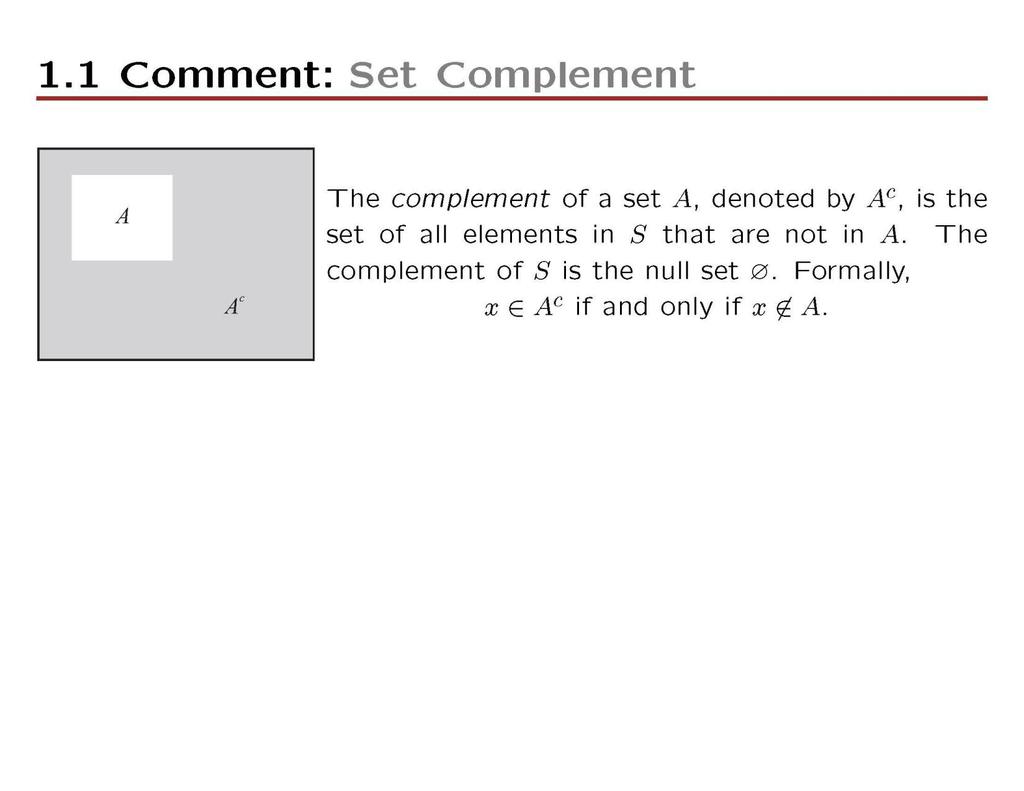 Complement of A is denoted as Complement A c = {x S x / A}. note that (A c ) c = A.