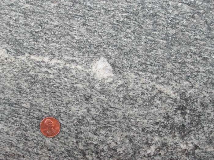 Pegmatite Intrusion and Deformation Figure 13. A large feldspar grain within what looks like uniform gneiss.