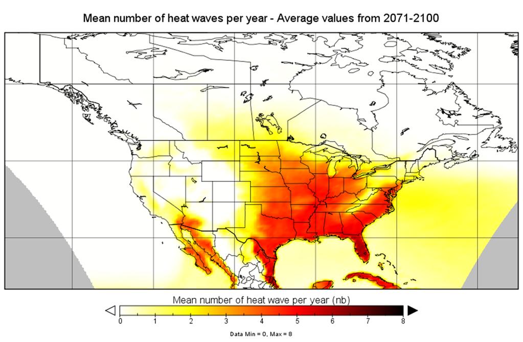 Number of heat waves (2071-2100, i.e. 2080s) Ensemble mean values from 6 different Regional Climate Models (0.