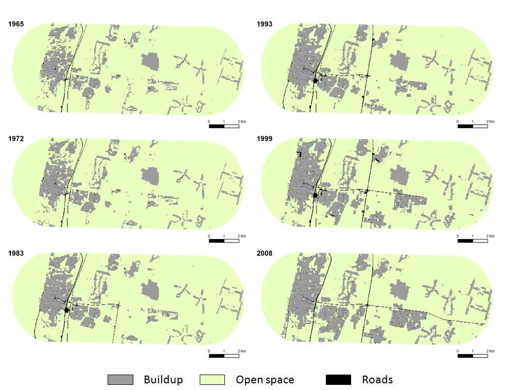 Figure 2: Buildup-road-open space patterns along the Netanya transect, by years 3 Fringe detection and Land-Use/Cover Changes over the fringe 3.