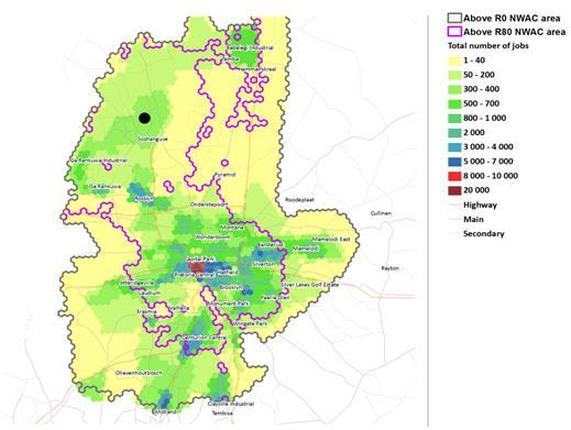 Map 2: Soshanguve net wage contours superimposed on total jobs By subtracting commuting cost and pricing in the travel time used up, the envelope measure approximates real takehome pay earnable at a