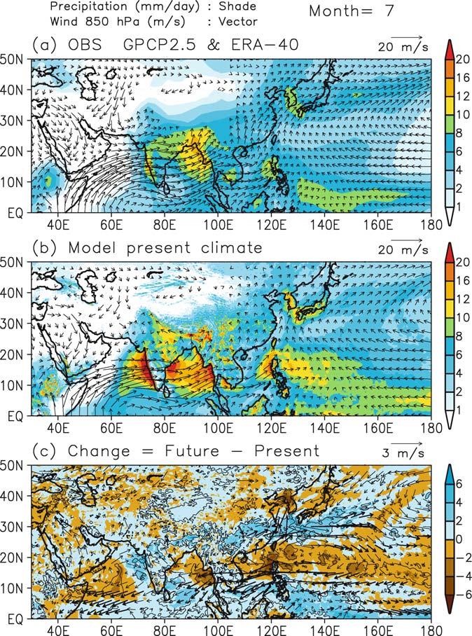282 Color Plates Fig. 7.5 Distribution of climatological precipitation (color, mm day 1 ) and 850-hPa wind vector (arrow, ms 1 ) for July. (a) Observed precipitation by GPCP 2.5 data (Adler et al.