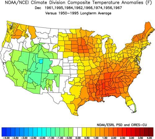 December ENSO Analogs Of the 8 weak LN years, I chose as analogs, the composite message is warmth over the eastern