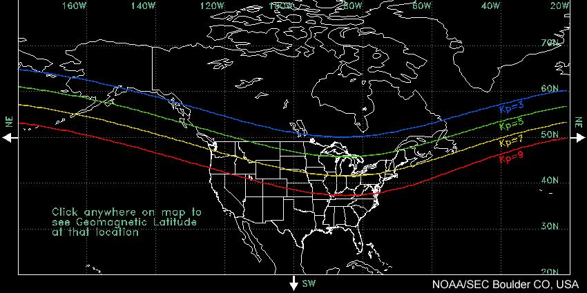 (Optional) Kp Auroral Map ABOUT THE DATA: The Kp map is an optional tool that shows the connection between the Kp index and the predicted southern edge of the aurora in North America.
