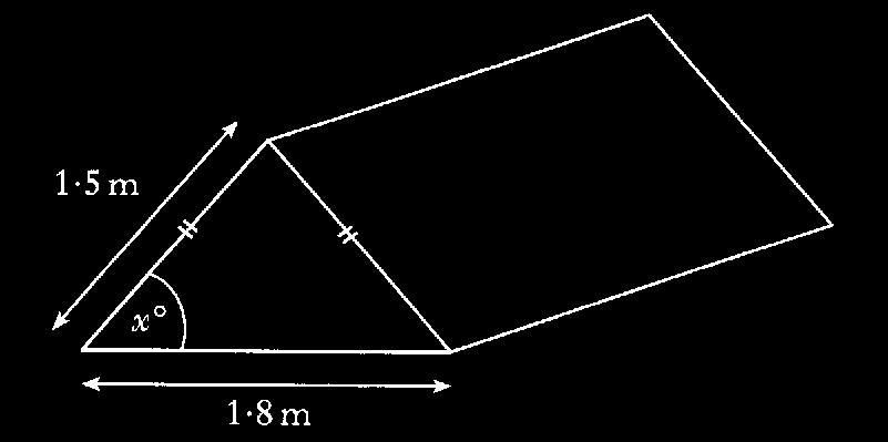 Eercise 5() 1) The front of the tent shown below is an isosceles triangle. The size of the angle between the side and the bottom of the tent is. alculate.