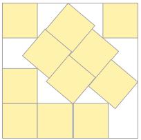 Slika prikazuje najboljšo (znano) rešitev, polmer malih krogov je 0,176939 polmera velike krožnice. Vir: Wolfram Mathematica, 1.1.2013 Opomba: primer pakiranja 12 enakih kvadratov znotraj večjega kvadrata.