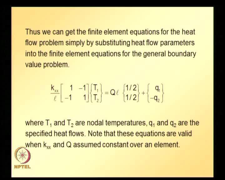 (Refer Slide Time: 44:34) So, looking at the table, we can get finite element equation for heat flow problem simply by substituting, heat flow parameters into finite element equations for general