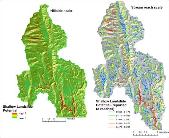 Reporting terrestrial attributes to stream channels example In this example, the terrestrial attribute of landslide potential (left image) is reported to stream