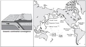 3. Where on the map does oceanic-continental convergence occur? A. (A) B. (B) C. (C) D. (D) 4.