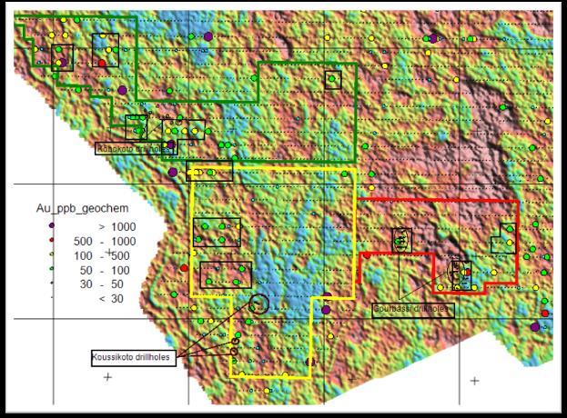 Figure 2. Target areas of the Kossanto permits combined with regional soil geochemistry and potassium alteration map.