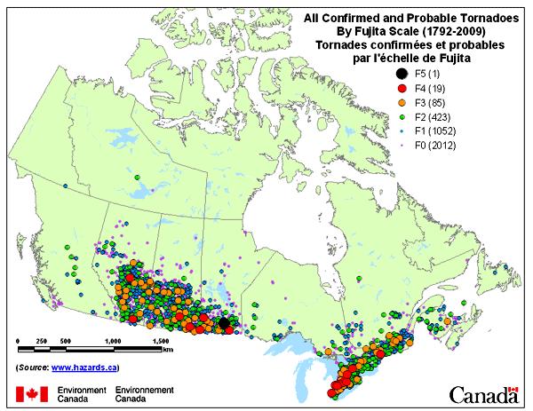 of 43 tornadoes per year occur across the prairies provinces and
