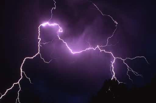 Lightning: sudden spark or electrical discharge typically caused by the build up of positive charges on Earth with negative charges within the air.