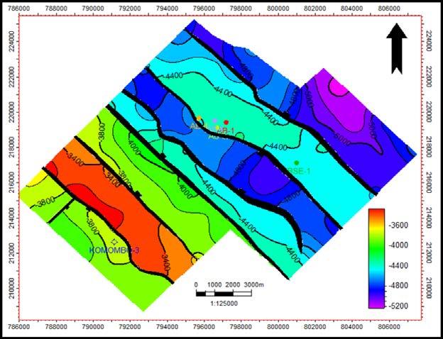Depth Structural Contour Map: a) Depth Structural contour map on the top of Six Hills E (E. Cretaceous) Member. From the horizon and fault interpretation, structure map were produced.