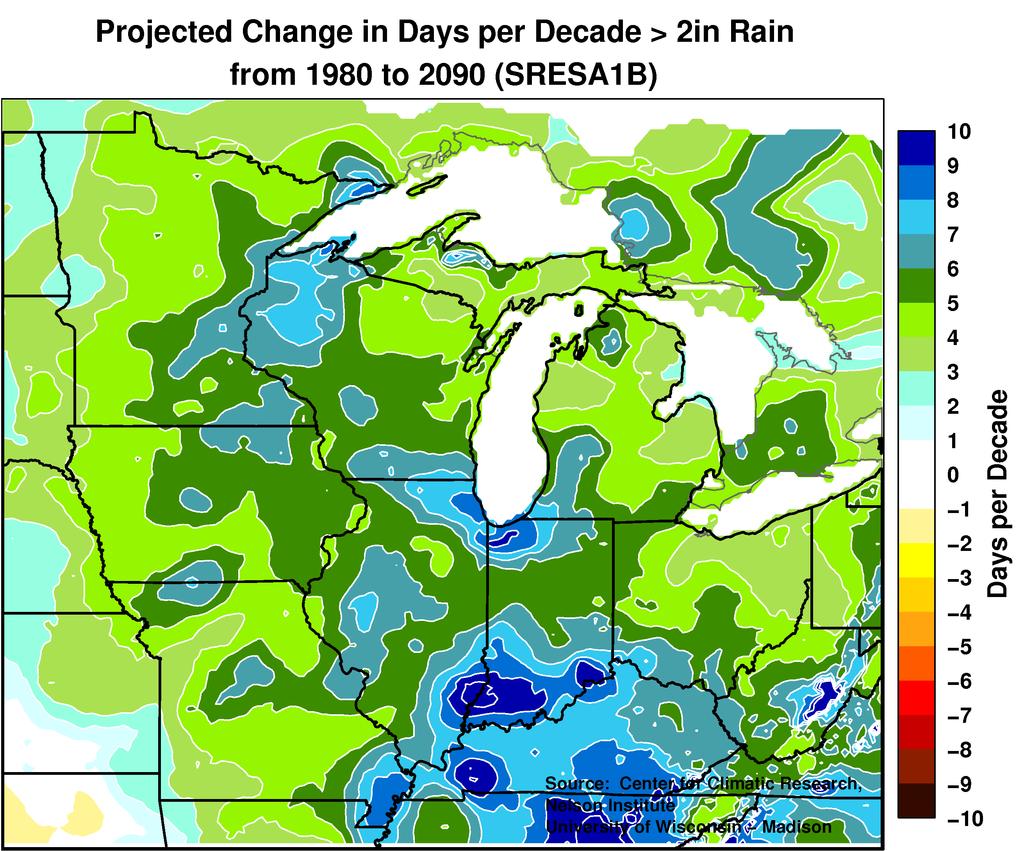 Projected change in >2 rain, +4-7 per decade