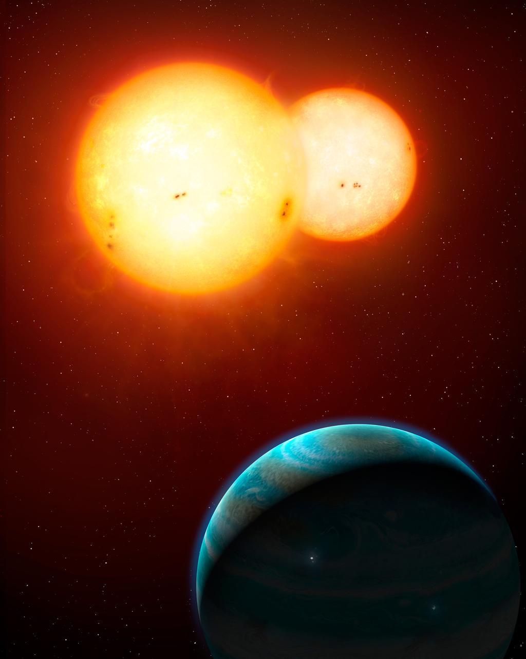 Fact sheet: Artistic rendition of Kepler-35b, a Saturn-sized planet orbiting a pair of Sun-like stars.