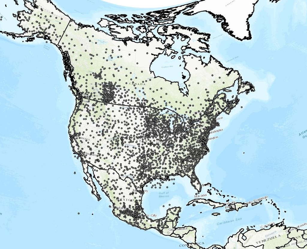 historical data (Canada = 1,064, Mexico = 562, and the United States = 2,657 stations.